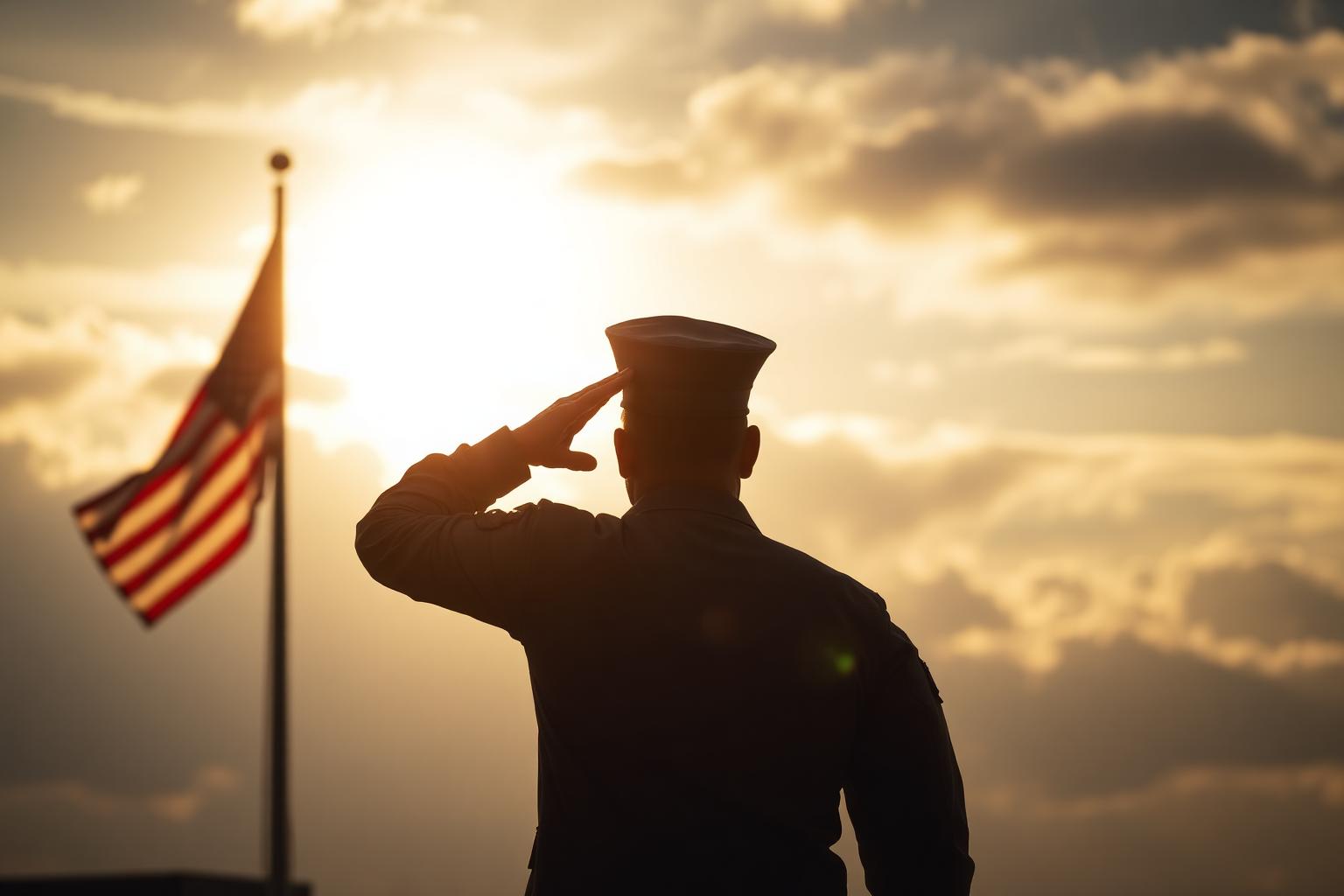 U.S. soldier saluting the American flag at sunset